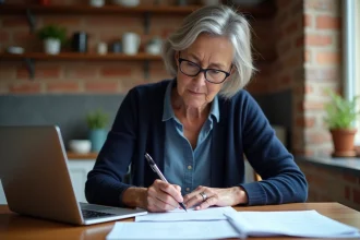 Femme remplissant un formulaire CERFA de déclaration d'impôts 2026 à la table de cuisine avec stylo et ordinateur portable