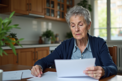 Femme d'&acirc;ge moyen examine ses papiers de retraite &agrave; la maison