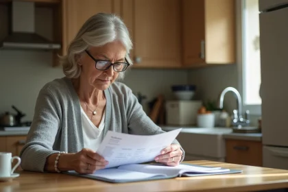 Femme retraitée organisant son calendrier de pension invalidité 2026 avec des documents officiels sur une table en bois