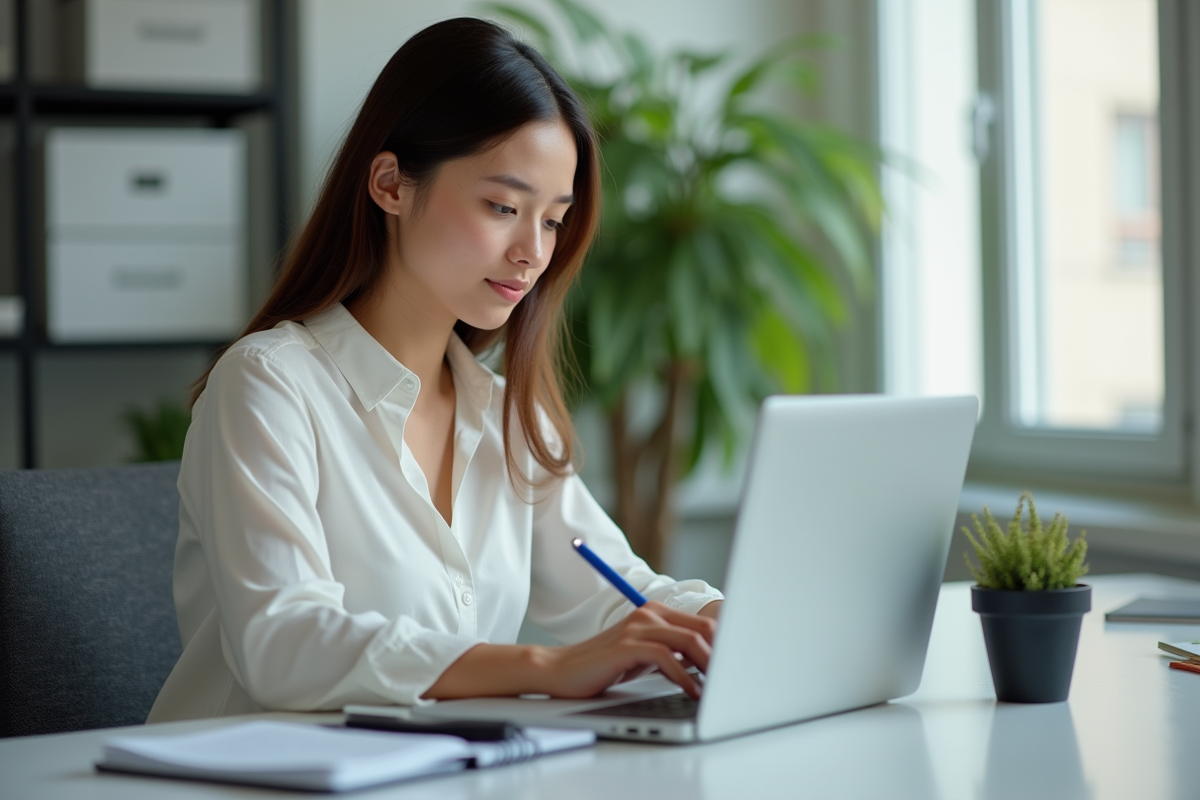 Jeune femme saisissant des données sur un ordinateur portable