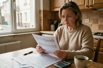 Femme sans mutuelle qui examine ses factures médicales à la maison pour gérer son budget santé