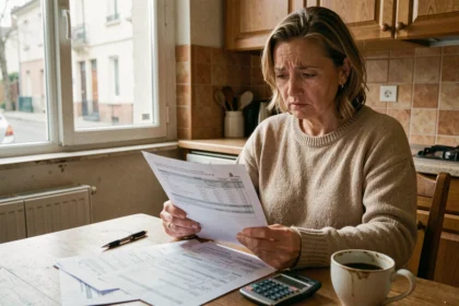 Femme sans mutuelle qui examine ses factures médicales à la maison pour gérer son budget santé