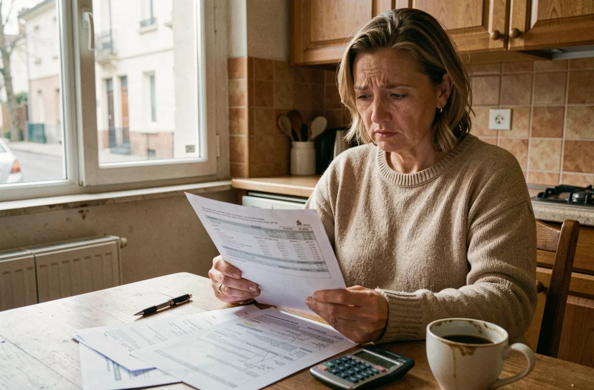 Femme sans mutuelle qui examine ses factures médicales à la maison pour gérer son budget santé