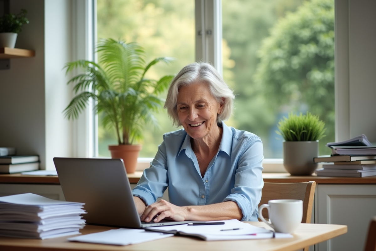 Femme senior souriante gérant ses finances à la maison