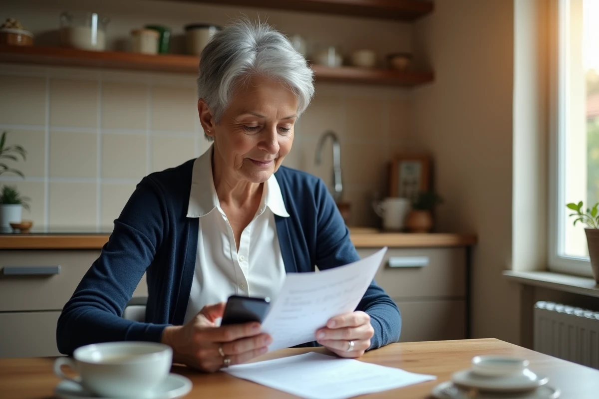 Femme senior consultant son calendrier de paiement de pension d'invalidité sur smartphone et document papier dans une cuisine