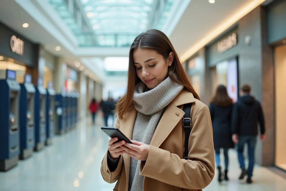 Femme utilisant son smartphone pour localiser un ATM intérieur