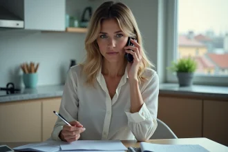 Femme au téléphone dans sa cuisine pour l'article {titre}