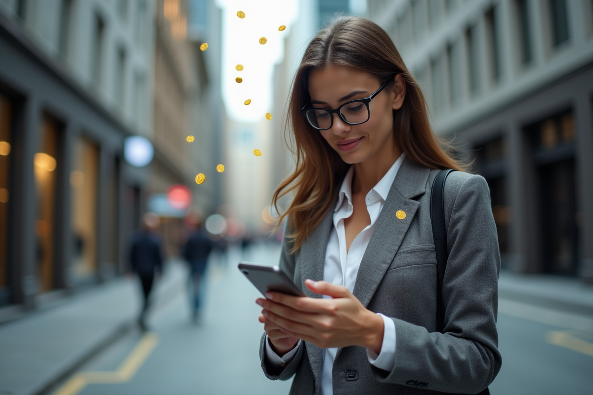 Femme vérifiant son smartphone dans la rue avec icônes crypto