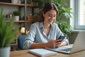 Femme souriante utilisant son smartphone dans un bureau moderne