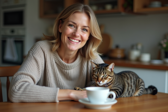 Femme souriante avec chat jouant sur la table