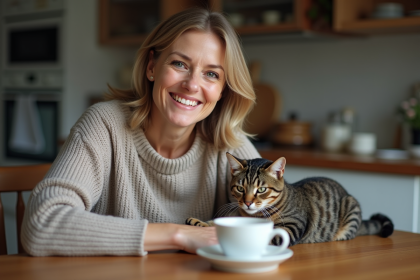 Femme souriante avec chat jouant sur la table