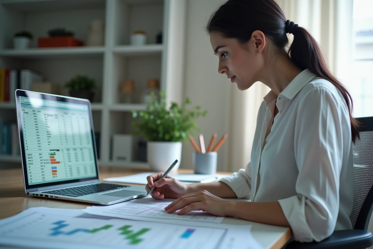 Femme analysant des statistiques de numéros EuroMillions sur ordinateur portable dans un bureau à domicile