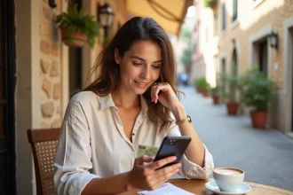 Femme consultant son application bancaire en voyage à l'étranger sur une terrasse méditerranéenne pour surveiller ses dépenses