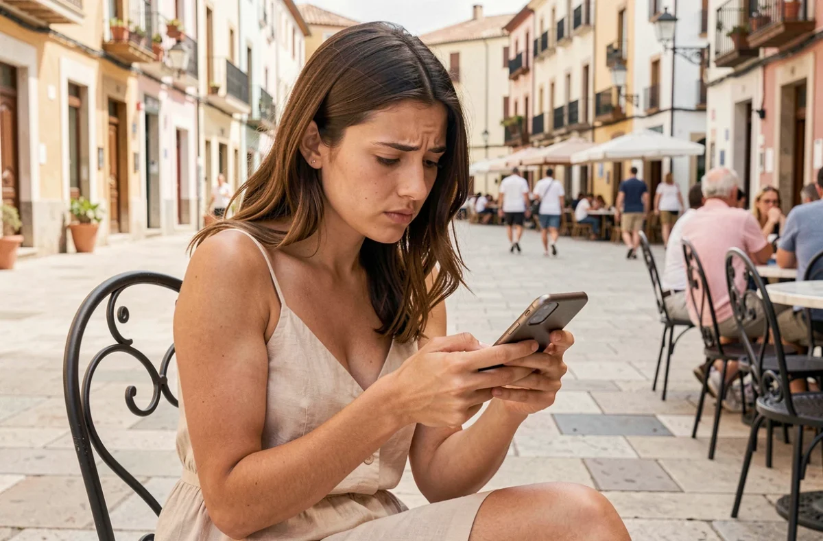 Une jeune femme consulte son téléphone en terrasse d'un café espagnol, s'informant sur l'évolution des prix du tabac en Espagne en 2025 et 2026