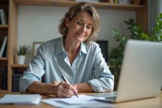 Femme d'âge moyen travaillant à domicile dans un bureau lumineux