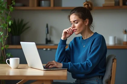 Femme assise &agrave; la cuisine avec ordinateur portable