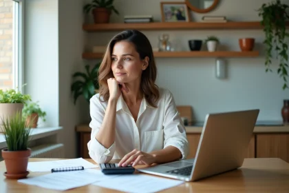 Femme en t&eacute;l&eacute;travail dans un int&eacute;rieur moderne et lumineux