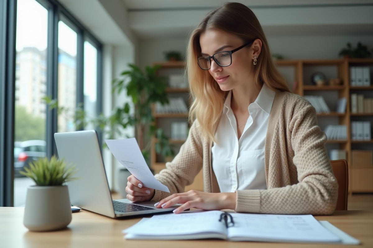 Jeune femme en télétravail consulte un ordinateur portable