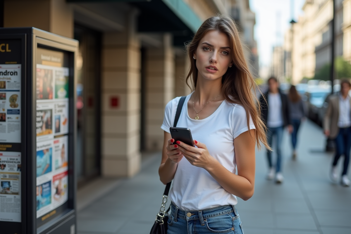 Jeune femme avec smartphone et graphique Dogecoin en ville