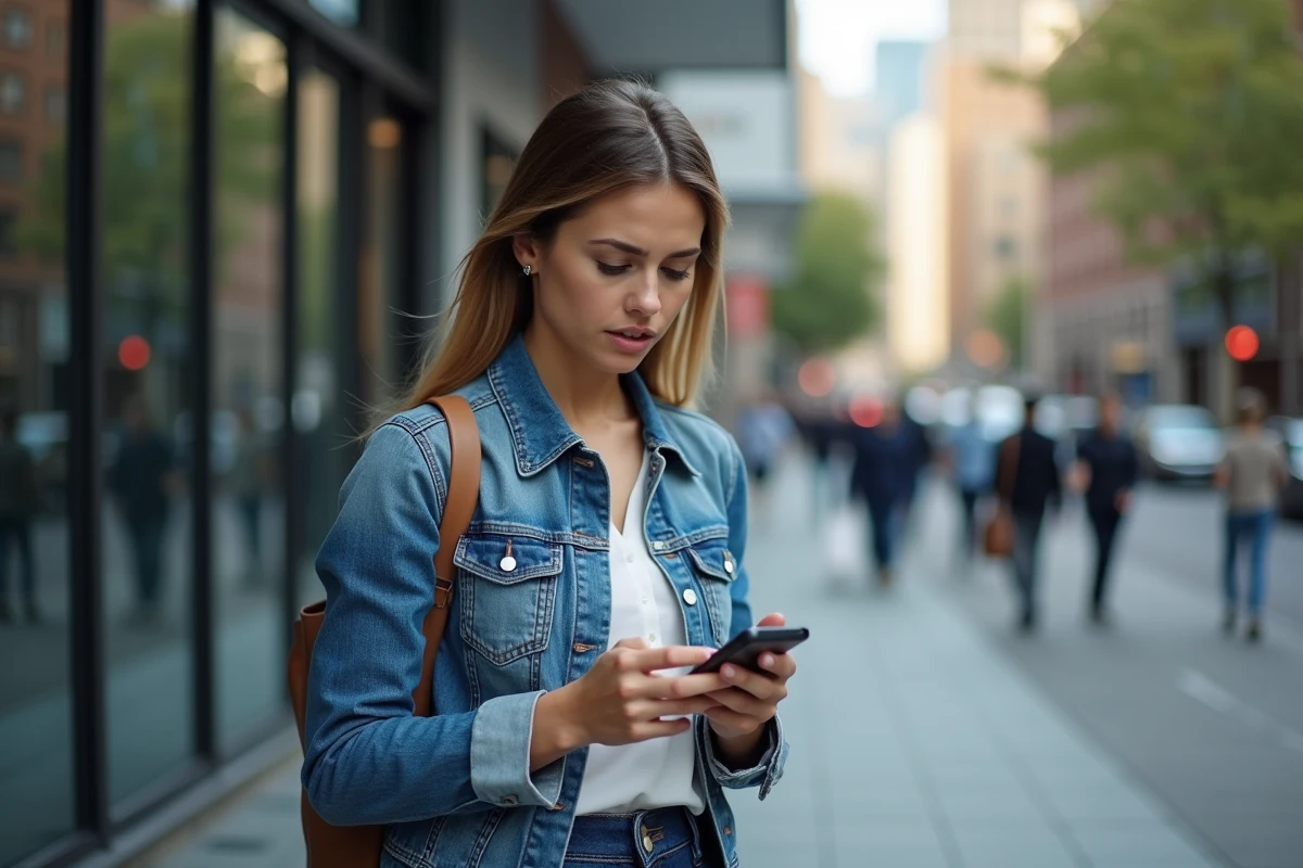 Jeune femme d affaires regardant son smartphone dans la ville