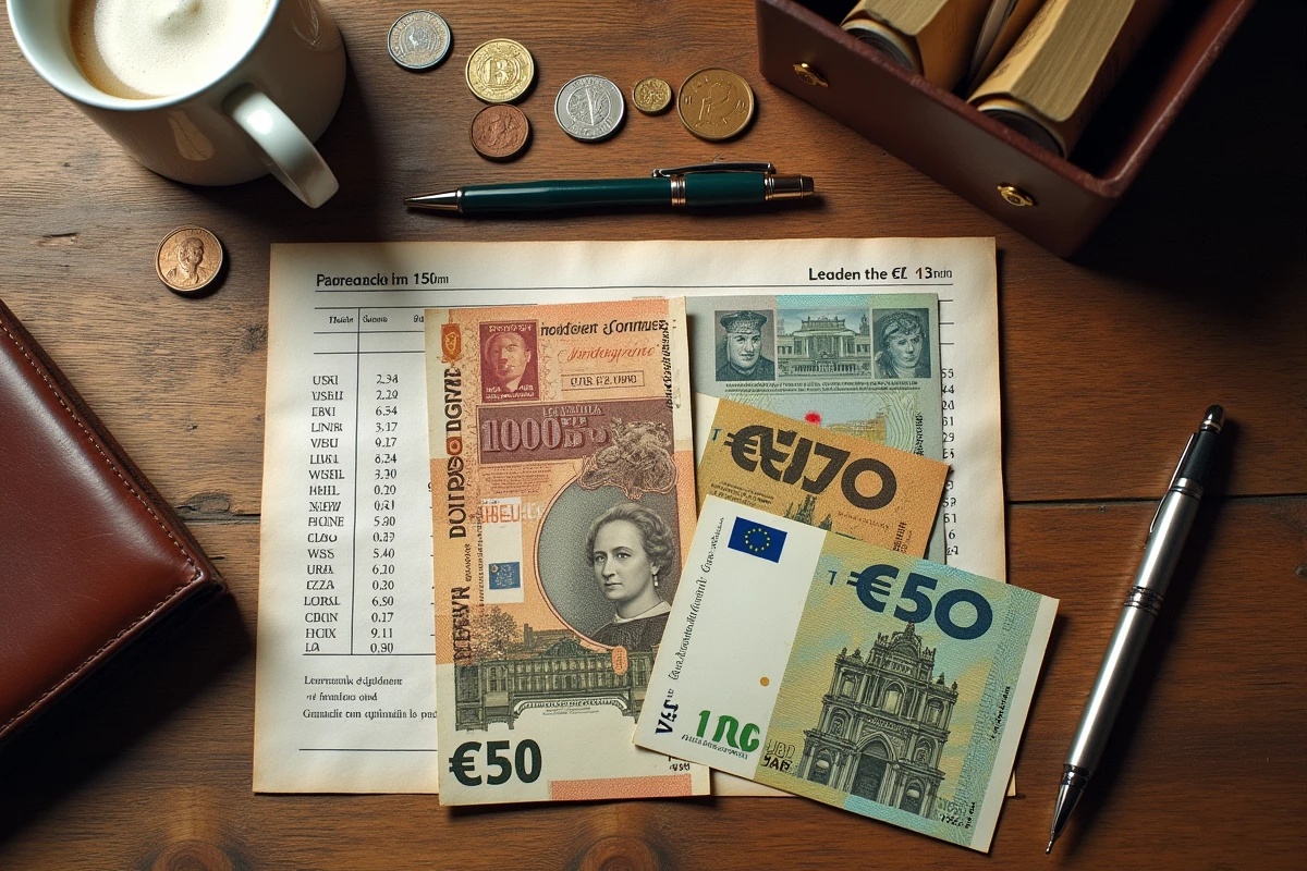 Vue du dessus de billets et pièces en francs et euros disposés sur une table en bois avec un tableau de conversion