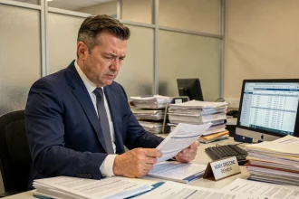 Fonctionnaire masculin dans la cinquantaine analysant des documents financiers à son bureau dans une administration publique française