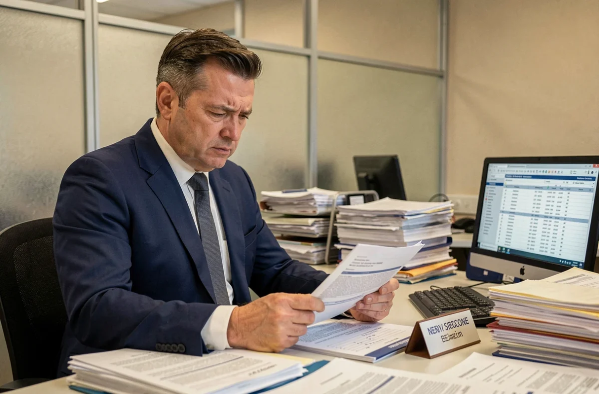 Fonctionnaire masculin dans la cinquantaine analysant des documents financiers à son bureau dans une administration publique française