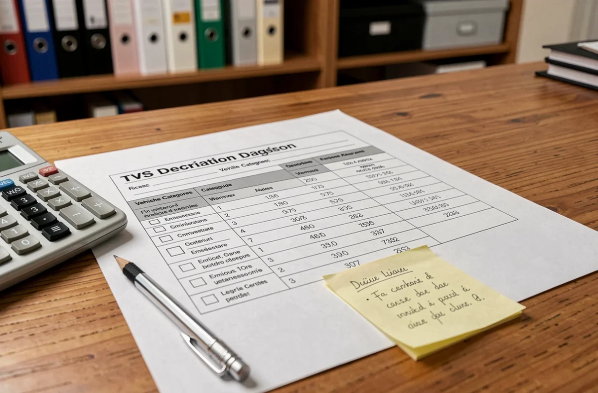 Gros plan sur le formulaire de déclaration TVS 2026 avec calculatrice et annotations manuscrites sur un bureau