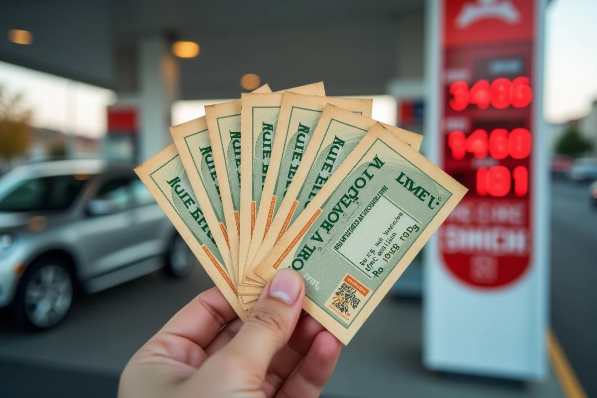 Gros plan sur des chèques vacances ANCV tenus en main devant un panneau de prix d'une station-essence