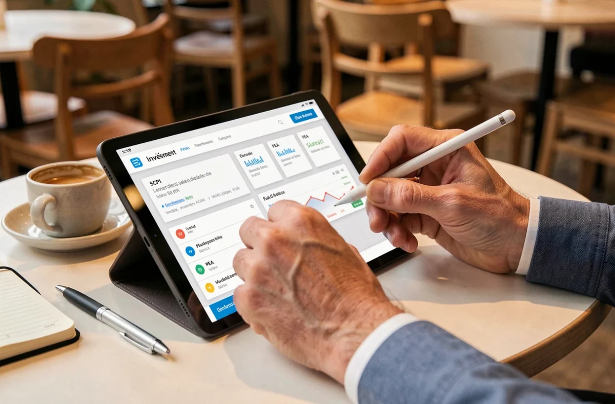 Gros plan sur des mains consultant une plateforme d'investissement SCPI et PEA sur tablette dans un café