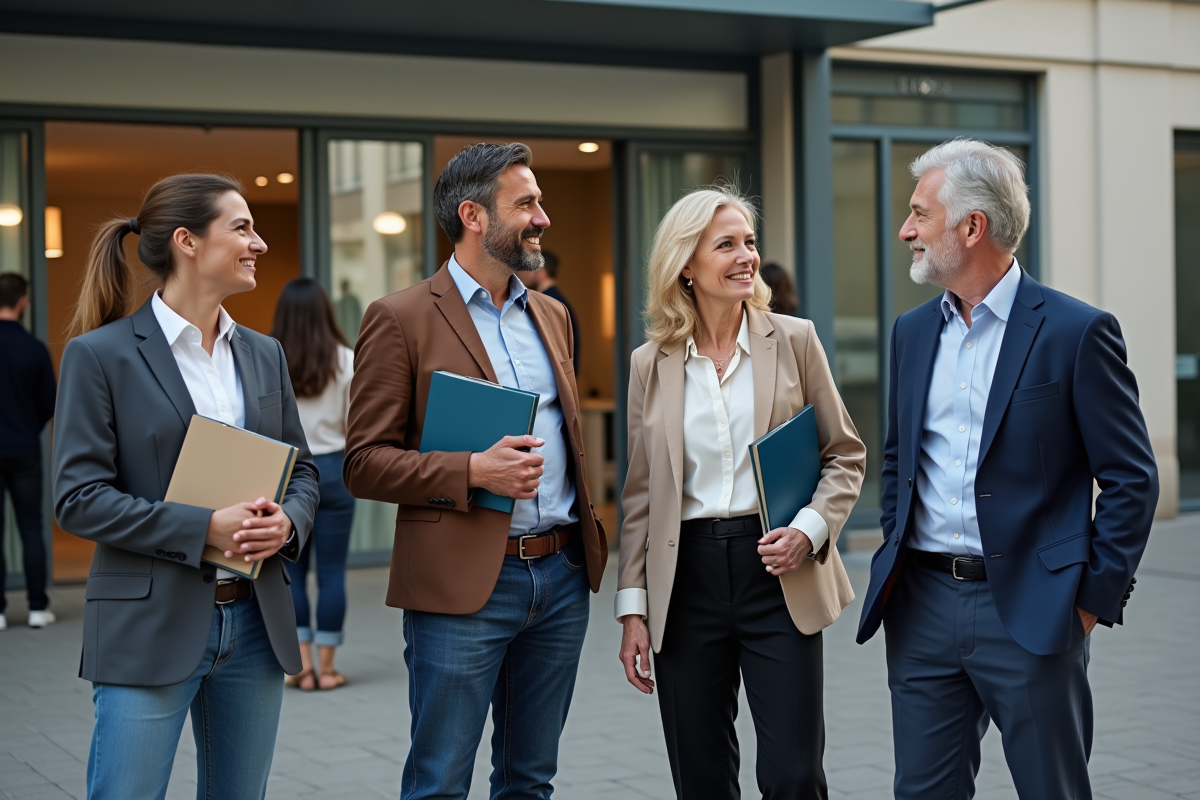 Groupe de quatre adultes discutant devant un bureau social français