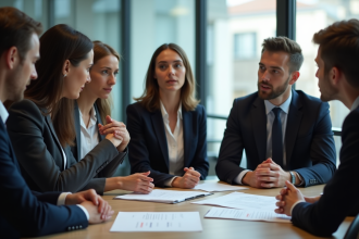 Groupe de collègues en réunion dans un bureau moderne