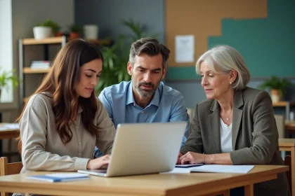 Groupe d'enseignants en r&eacute;union dans une salle moderne