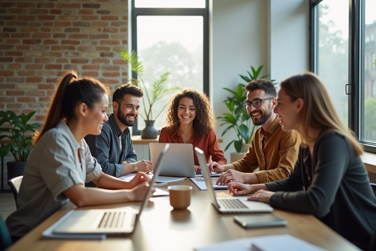 Groupe de jeunes adultes travaillant en coworking lumineux