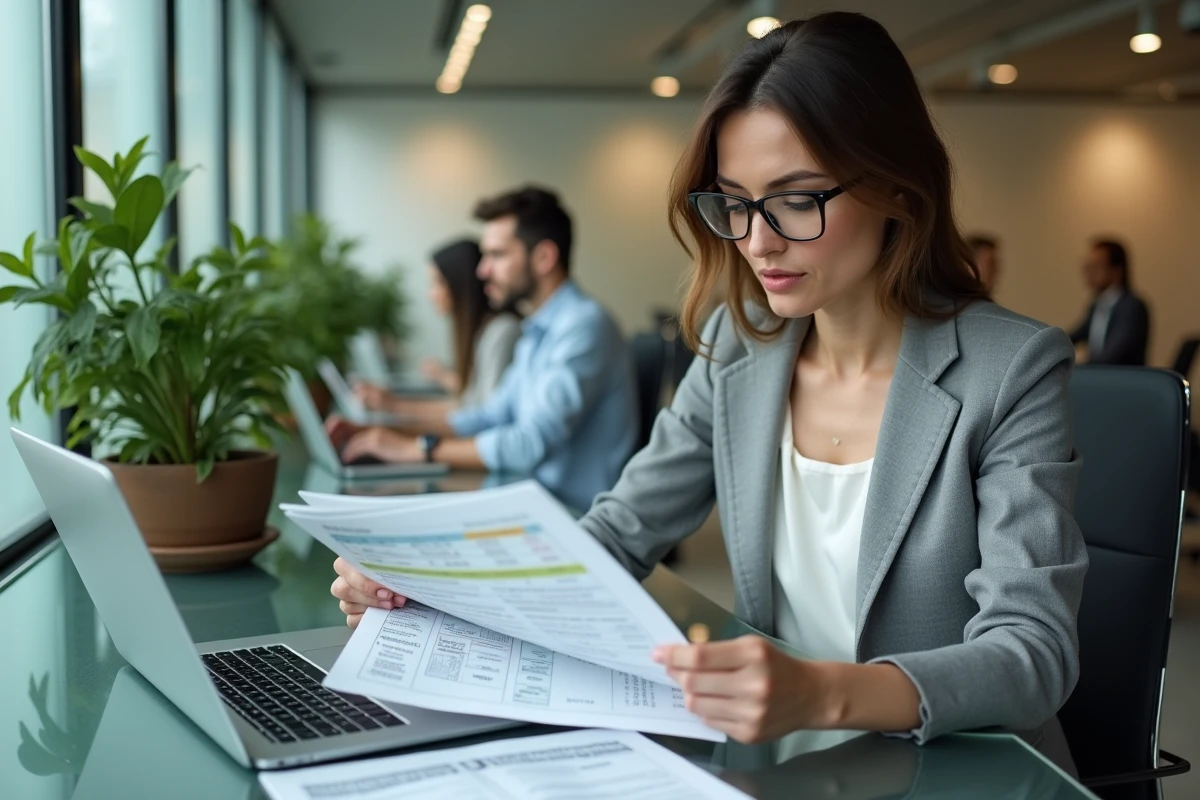 Femme consultant un guide fiscal sur la crypto et le formulaire 3916 bis dans un espace de coworking