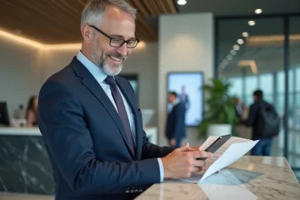 Homme d'affaires dans une banque moderne souriant