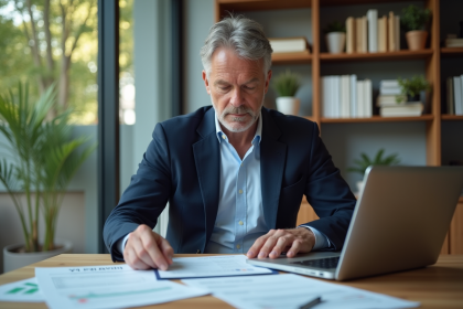 Homme d'affaires en blazer bleu dans un bureau lumineux