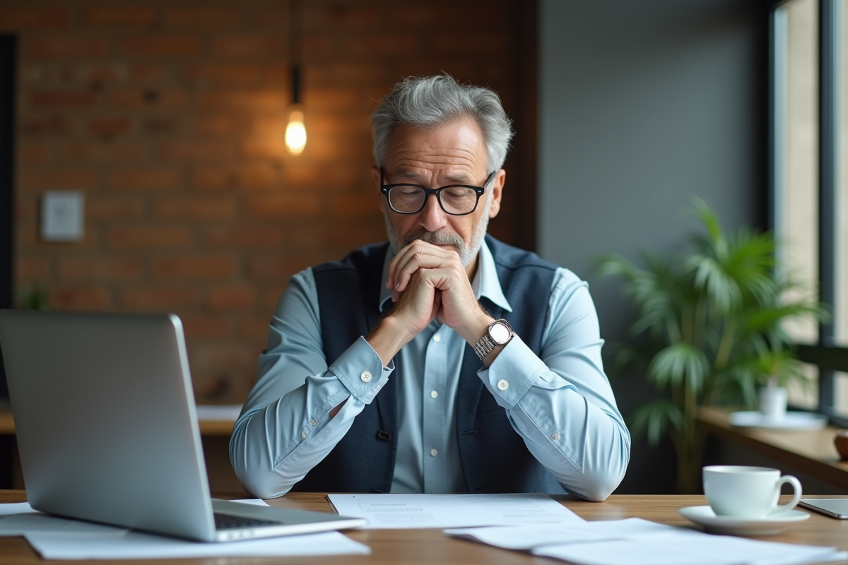 Homme d'affaires fermant son ordinateur dans un bureau moderne