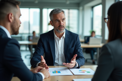Homme d'affaires confiant en blazer dans un bureau moderne