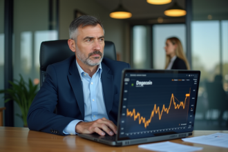 Homme d'affaires regardant un graphique Dogecoin en baisse