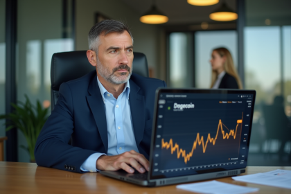 Homme d'affaires regardant un graphique Dogecoin en baisse