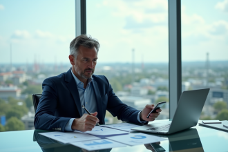 Homme d affaires en costume bleu regardant des graphiques financiers