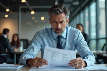 Homme d'affaires inquiet regardant un bilan financier