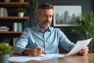 Homme d'affaires en bureau à domicile en train d'étudier un relevé financier