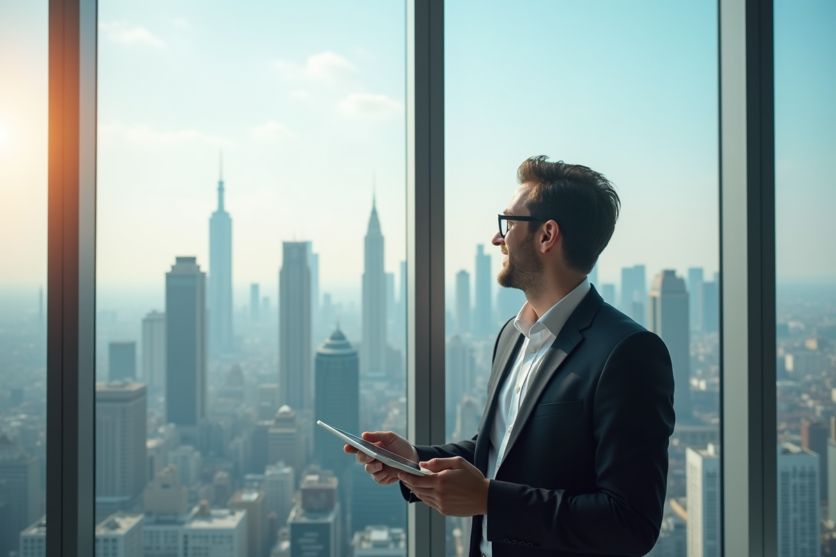 Homme d'affaires confiant avec tablette devant une ville moderne