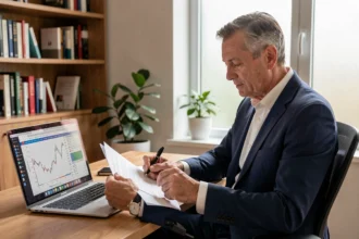 Homme en costume analysant des documents financiers liés à l'investissement en SCPI et PEA sur son bureau