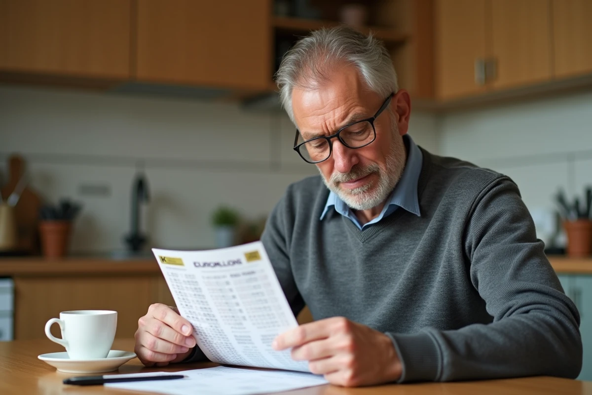 Homme étudiant un ticket EuroMillions à la table de cuisine, analysant les numéros fréquents des derniers tirages