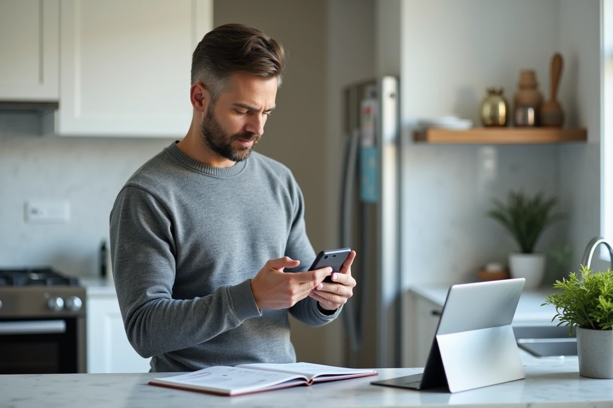 Homme consultant une application bancaire sur smartphone dans une cuisine moderne