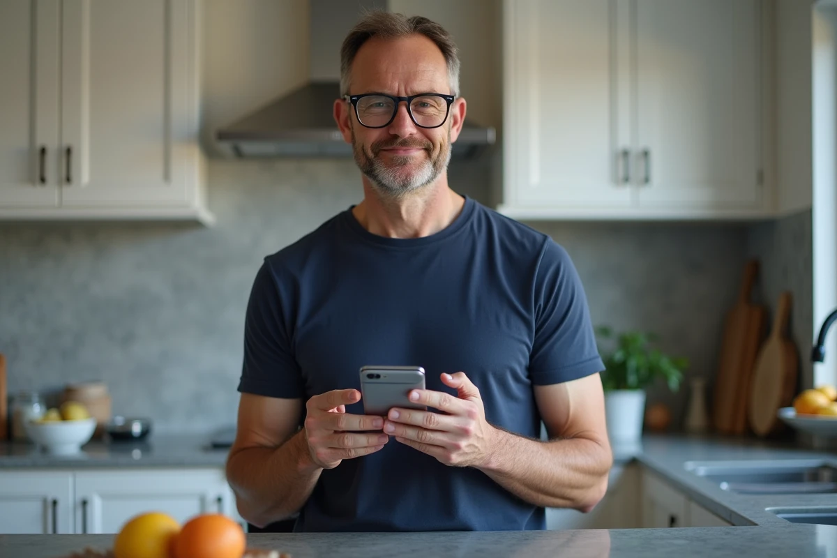Homme consultant son téléphone pour vérifier ses remises et économies via une application de cashback