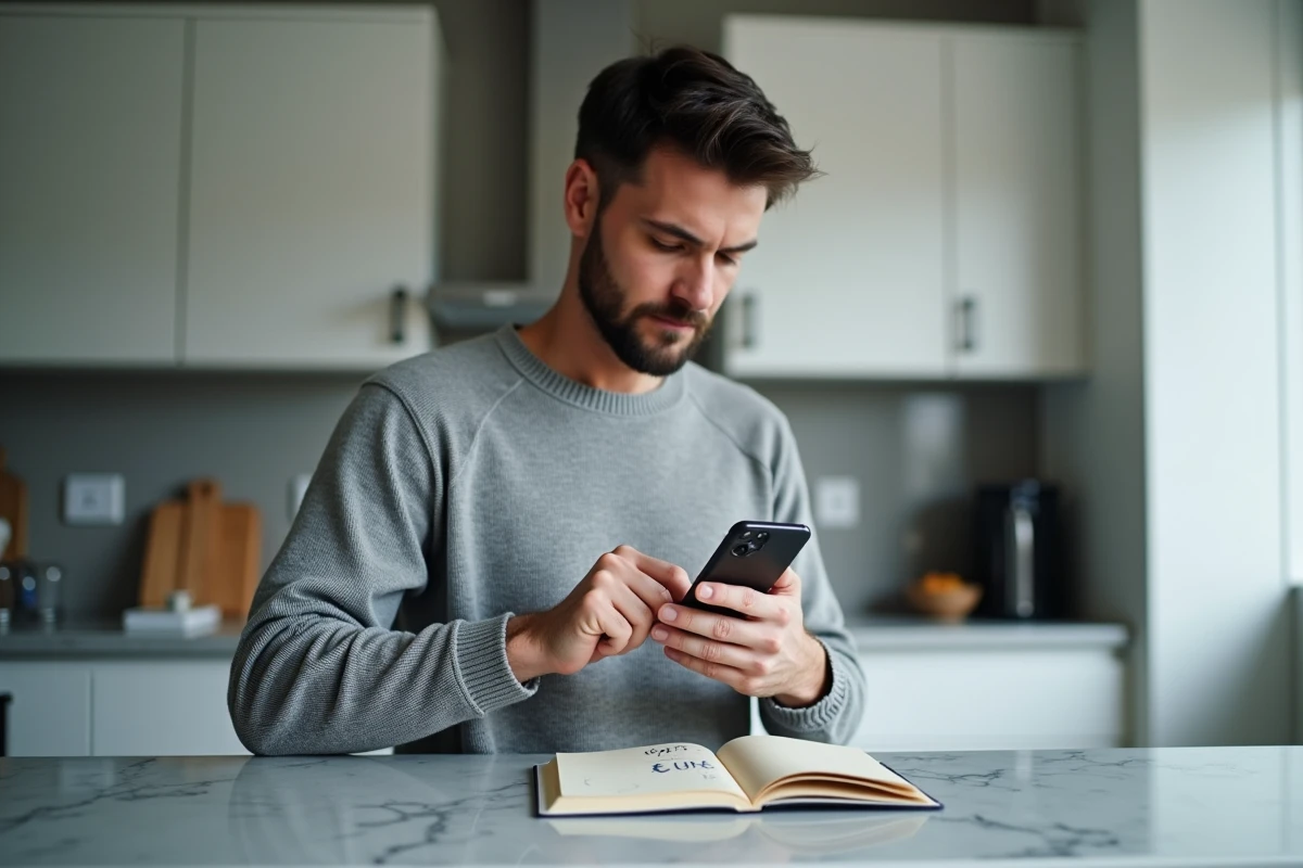 Homme utilisant une application smartphone pour convertir des francs en euros dans une cuisine moderne